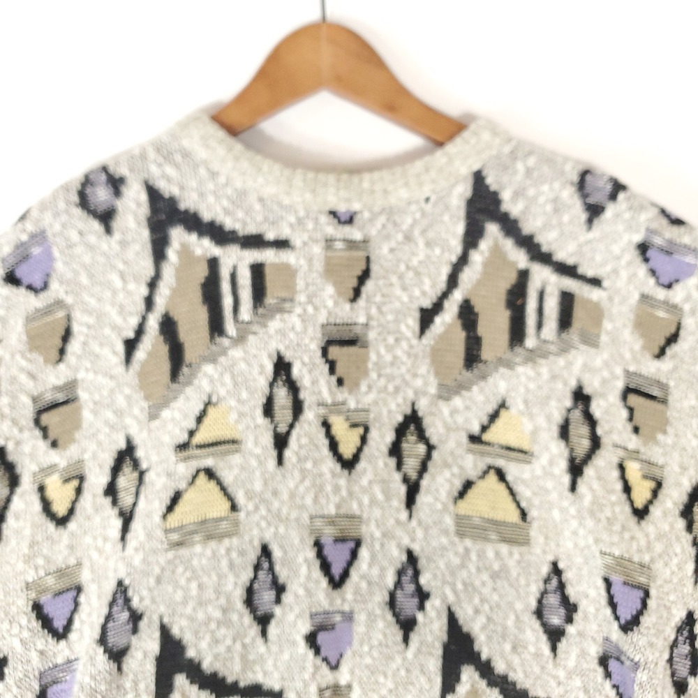 London Fog Vintage Mens Geometric Knit Sweater Grey Purple Abstract USA Medium